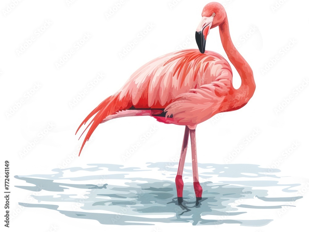 Obraz premium Cartoon pastel flamingo standing in water, minimal watercolor style on white
