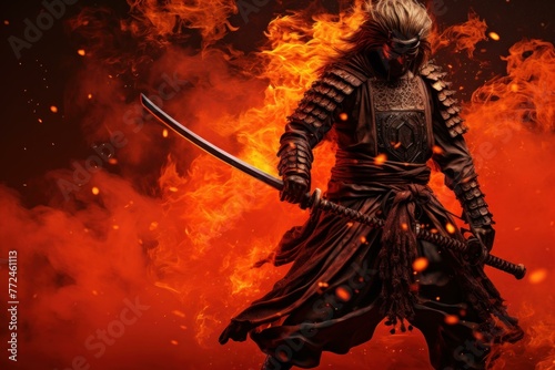 Samurai with katana flames. Art red light. Fictional person. Generate Ai