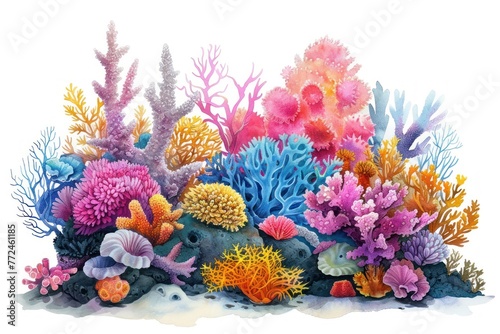 Wallpaper Mural Cartoon neon coral reef, watercolor sea life adventure, on white Torontodigital.ca