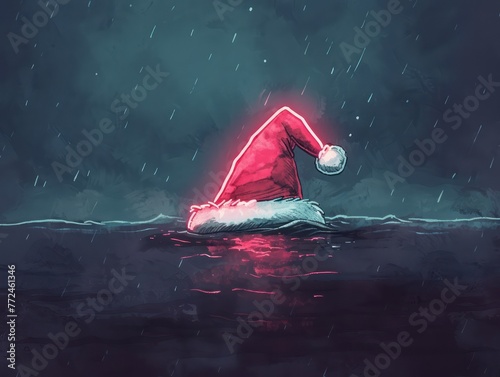 A minimalist cartoon of a neon lit-up Santa hat floating on a watercolor sea, holiday whimsy