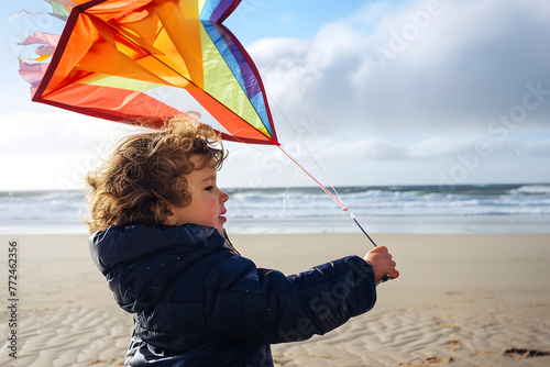a child flying a colorful kite on the beach, to depict freedom and carefree joy in childhood