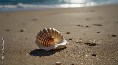 shell on the beach near exploding star  exploding star  form of seashell .Generative AI