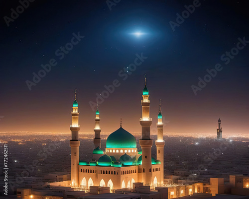 green mosque at night during Lailatul Qadar photo