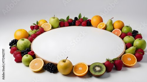 a circle of fruits and berries on a white background. text space