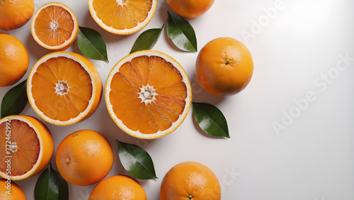 a circle of oranges on a white background. text space