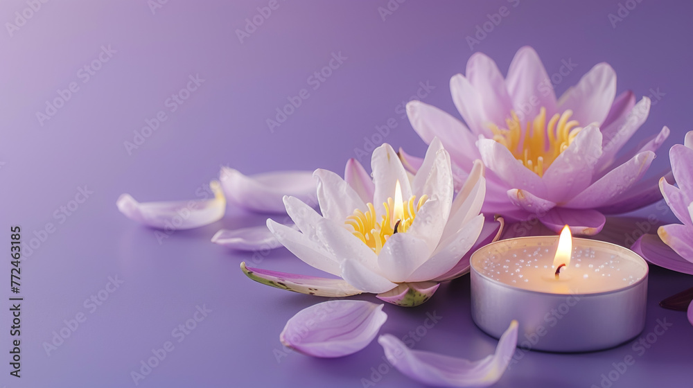 lavender lotus flowers with candle on purple background lavender lotus flowers with candle on purple background