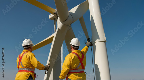 Inspection engineers preparing to rappel down a rotor .Generative AI