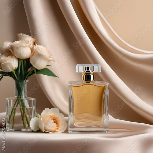 a bottle of perfume on a light beige background, on a platform, a podium for the product. mockup. the copy space.