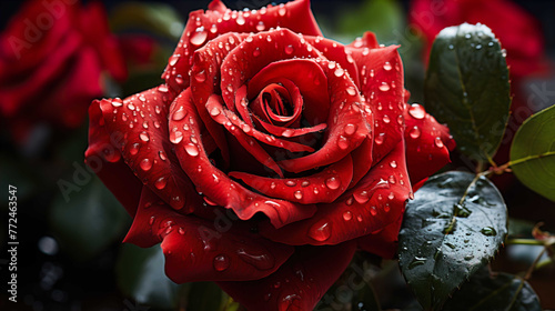  Close up brightly wet  red rose fresh in the small garden white background   light studio  Generate AI