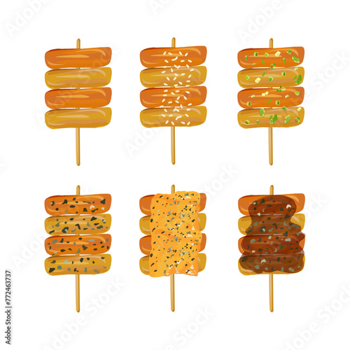 Hand drawn vector illustration of traditional korean street food rice cake skewers or tteokkochi photo