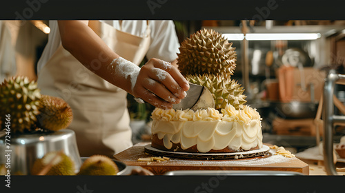 A chef in a professional kitchen delicately sprinkles powdered sugar over an elegantly frosted white cake on a stand.