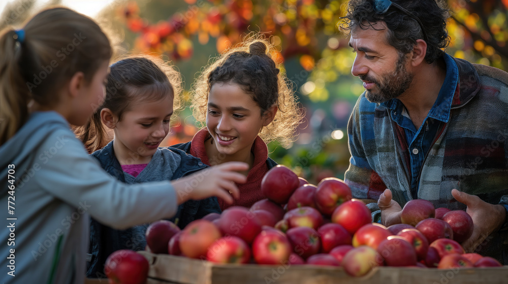 Fototapeta premium Family Enjoying Apple Picking at Sunset in Autumn Orchard