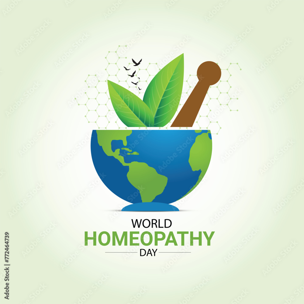 World Homeopathy Day. Green abstract background, the day is a celebration of both homeopathy and those who have been cured by homeopathy. Homeopathy Doctor Day, Homeopathy Day Creative Ideas. - obrazy, fototapety, plakaty 