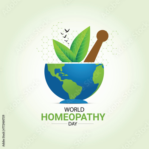 World Homeopathy Day. Green abstract background, the day is a celebration of both homeopathy and those who have been cured by homeopathy. Homeopathy Doctor Day, Homeopathy Day Creative Ideas.