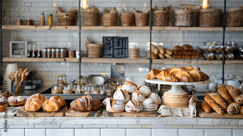 Bakery shop window with different types of pastries and croissants ,A retail bakery filled with a variety of bread and pastries made with high quality ingredients. The cozy wood building has shelves 