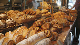 Bakery shop window with different types of pastries and croissants ,A retail bakery filled with a variety of bread and pastries made with high quality ingredients. The cozy wood building has shelves 