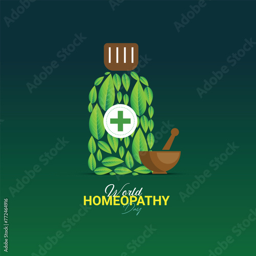 World Homeopathy Day. Green abstract background, the day is a celebration of both homeopathy and those who have been cured by homeopathy. Homeopathy Doctor Day, Homeopathy Day Creative Ideas.
