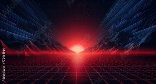 Red grid floor line on glow neon night red background, Synthwave vaporwave retrowave cyber background, concert poster, rollerwave, technological design, shaped canvas, smokey cloud wave background. photo