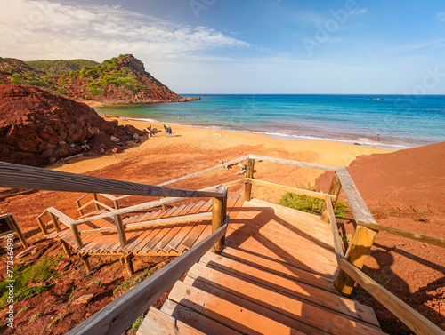 Aerial drone view of Cala del Pilar beach scenery of Menorca, near Ferreries