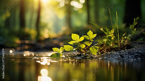  Trees in forest   fresh green splash water   yellow ligh sun moorning   Generate AI