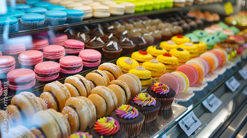 a colorful array of macarons displayed in a bakery case ,Colorful french macarons in wooden trays, close up. Different colorful macaroons background tasty sweet color macaron, Bakery 