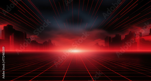 Red grid floor on a glow neon night red grid background, in the style of atmospheric clouds, concert poster, rollerwave, technological design, shaped canvas, smokey vaporwave background. photo