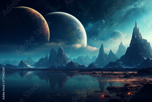 Stellar scenery planet landscape. Fiction travel dark nebula universe. Generate Ai