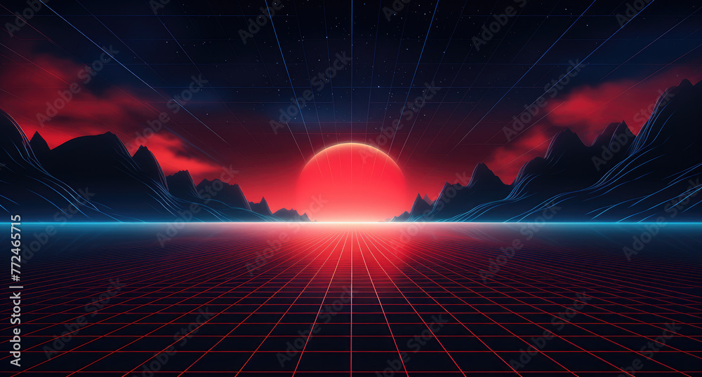 Red grid floor on a glow neon night red grid background, in the style of atmospheric clouds, concert poster, rollerwave, technological design, shaped canvas, smokey vaporwave background. - obrazy, fototapety, plakaty 