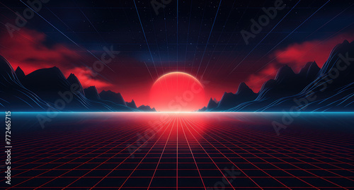 Red grid floor on a glow neon night red grid background, in the style of atmospheric clouds, concert poster, rollerwave, technological design, shaped canvas, smokey vaporwave background. photo