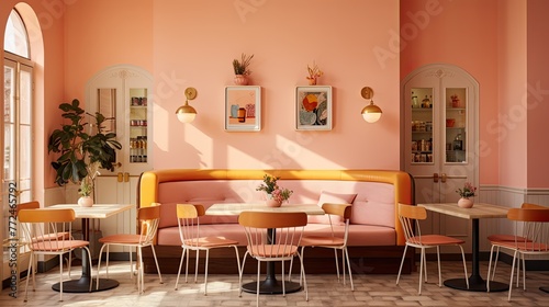 A charming caf  C  setting with pastel peach walls and cozy seating