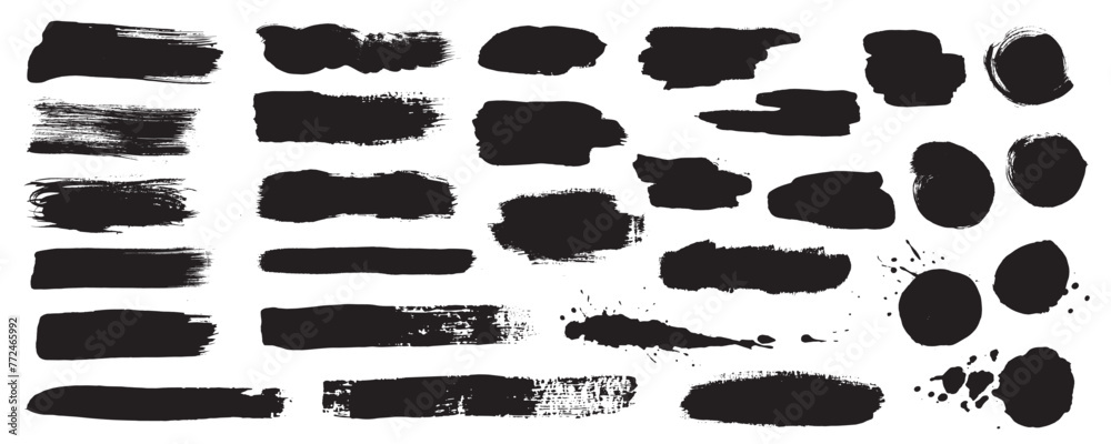 Black ink stains mega set in flat graphic design. Collection elements of abstract grunge paint shapes with torn borders, messy watercolor stroke paints, rough paintbrush texture. Vector illustration. - obrazy, fototapety, plakaty 