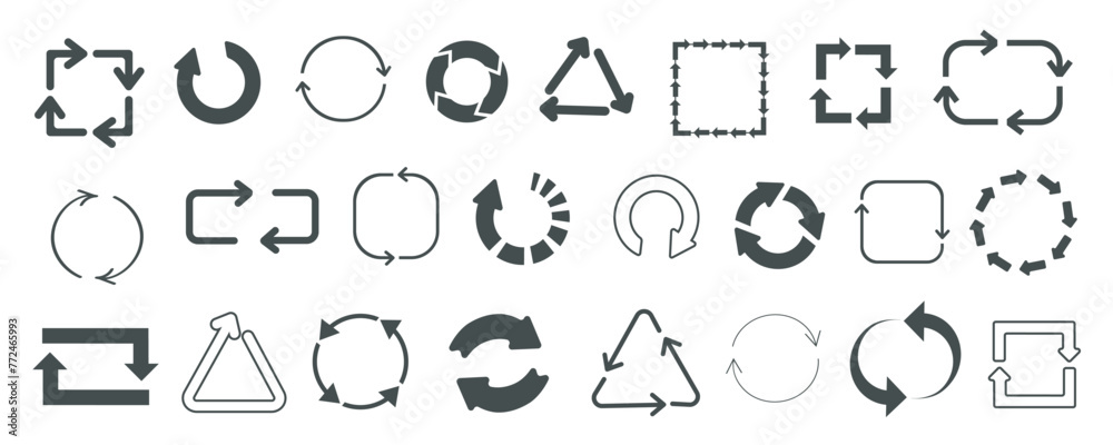 Obraz premium Loading symbols mega set in flat graphic design. Collection elements of different rotate arrows in circle, square or other. Turning, reusing, recycling, progress, rotation signs. Vector illustration.