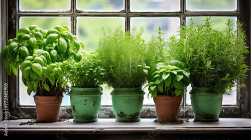  Fresh green herbal , basil, rosemary and coriander in pots place on a window frame , Generate AI