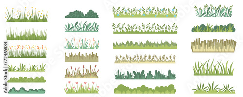 Green grass with flowers mega set in flat graphic design. Collection elements of meadow herbal horizontal layers with variative wildflowers, bushes and leaves for landscape. Vector illustration.
