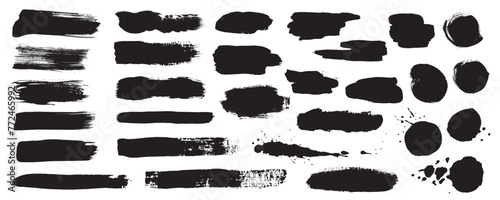 Black ink stains mega set in flat graphic design. Collection elements of abstract grunge paint shapes with torn borders, messy watercolor stroke paints, rough paintbrush texture. Vector illustration.