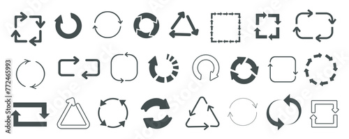 Loading symbols mega set in flat graphic design. Collection elements of different rotate arrows in circle, square or other. Turning, reusing, recycling, progress, rotation signs. Vector illustration. photo