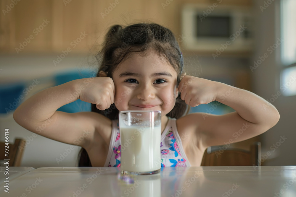 A young girl is smiling and flexing arm muscle with a glass of milk, healthy and happy kid concept. A young girl is smiling and flexing arm muscle with a glass of milk, healthy and happy kid concept.