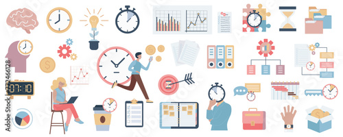 Time management mega set in flat graphic design. Collection elements of office workflow signs, countdown clock, schedules, hourglass, business deadline, hurry employees, other. Vector illustration.