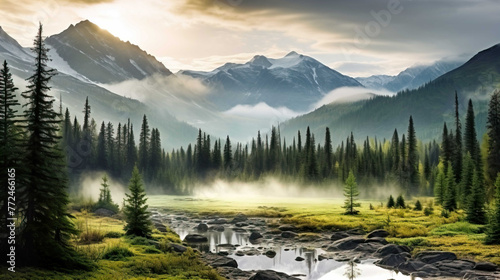 Panorama , Alberta wilderness near Banff , Mist rises over the forest in Banff National Park Alberta , Generate AI