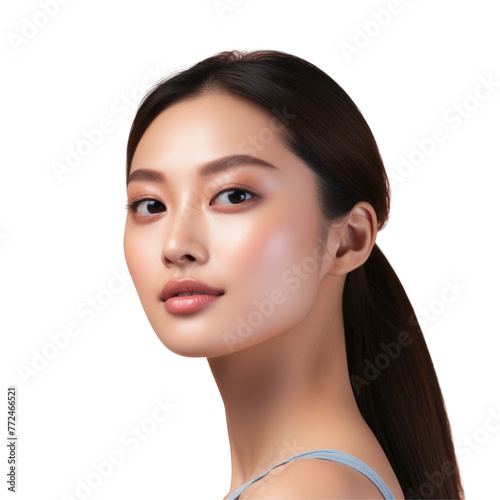 A closeup shot of a womans face with a ponytail against a transparent background, highlighting her forehead, nose, cheeks, lips, eyebrows, eyelashes, jaw, neck, and ear on transparent
