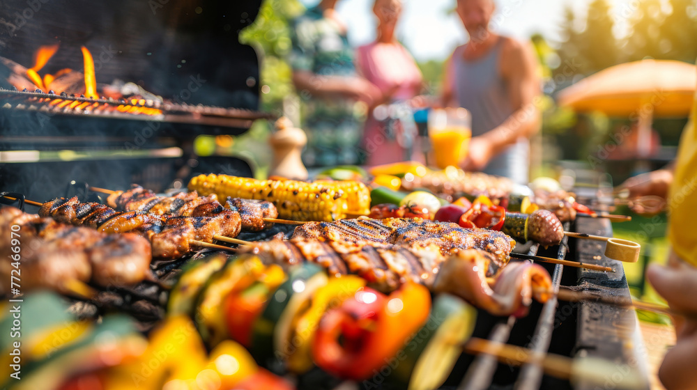 Family gathered around a barbecue grill in their backyard, with close-up shots of delicious grilled food sizzling on the grill in party.
