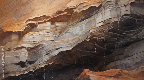 A rock formation with layers and textures in shades of brown and grey, creating a sense of stability and permanence