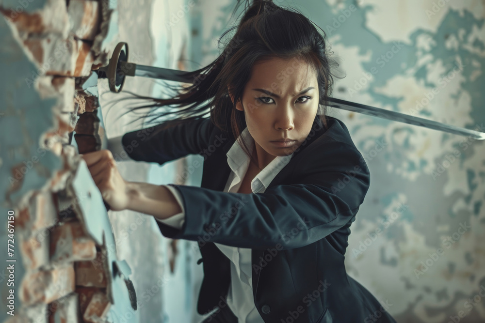 Naklejka premium A businesswoman in a suit is holding a sword destroying the concrete wall, woman empowerment and weapon of success concept.