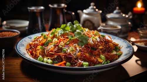  fried noodles on a plate, served in detail with vegetables and lelor on top , Generate AI