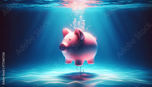 A captivating scene of a pink piggy bank gracefully submerged in crystal-clear water, conveying being deep in money trouble debt wallpaper background