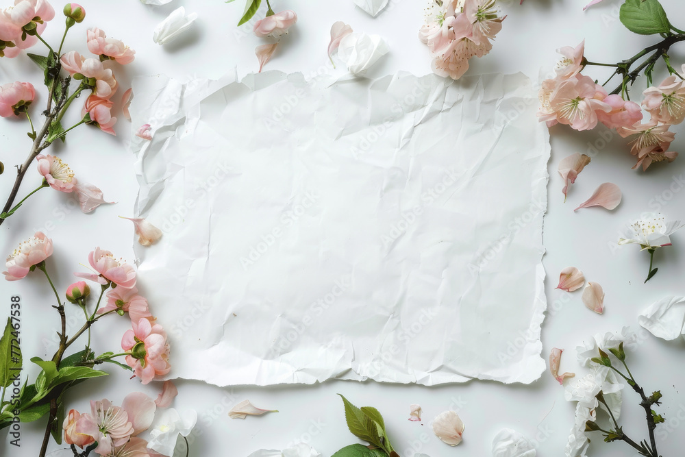 flat lay with pink flowers and white postcard with copy space