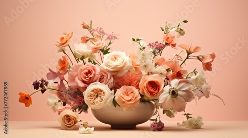 An elegant floral arrangement against a soft pastel peach background © DayByDayCanvas