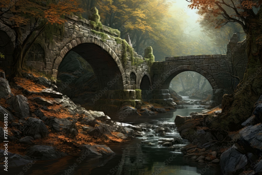 Stone bridge scene in forest. Rock deck in wild nature stream environment. Generate ai
