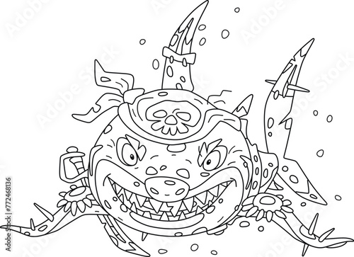 Ghastly great white shark pirate with a bandana of a sea robber and sharp sabers on its fins attacking from depths, black and white vector cartoon illustration for a coloring book