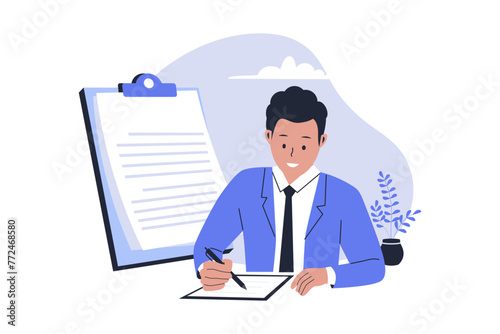 Businessman writing document concept. Vector flat illustration